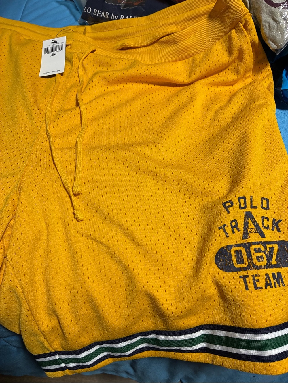 Polo by Ralph Lauren Yellow Mesh Track Shorts with Striped Hem